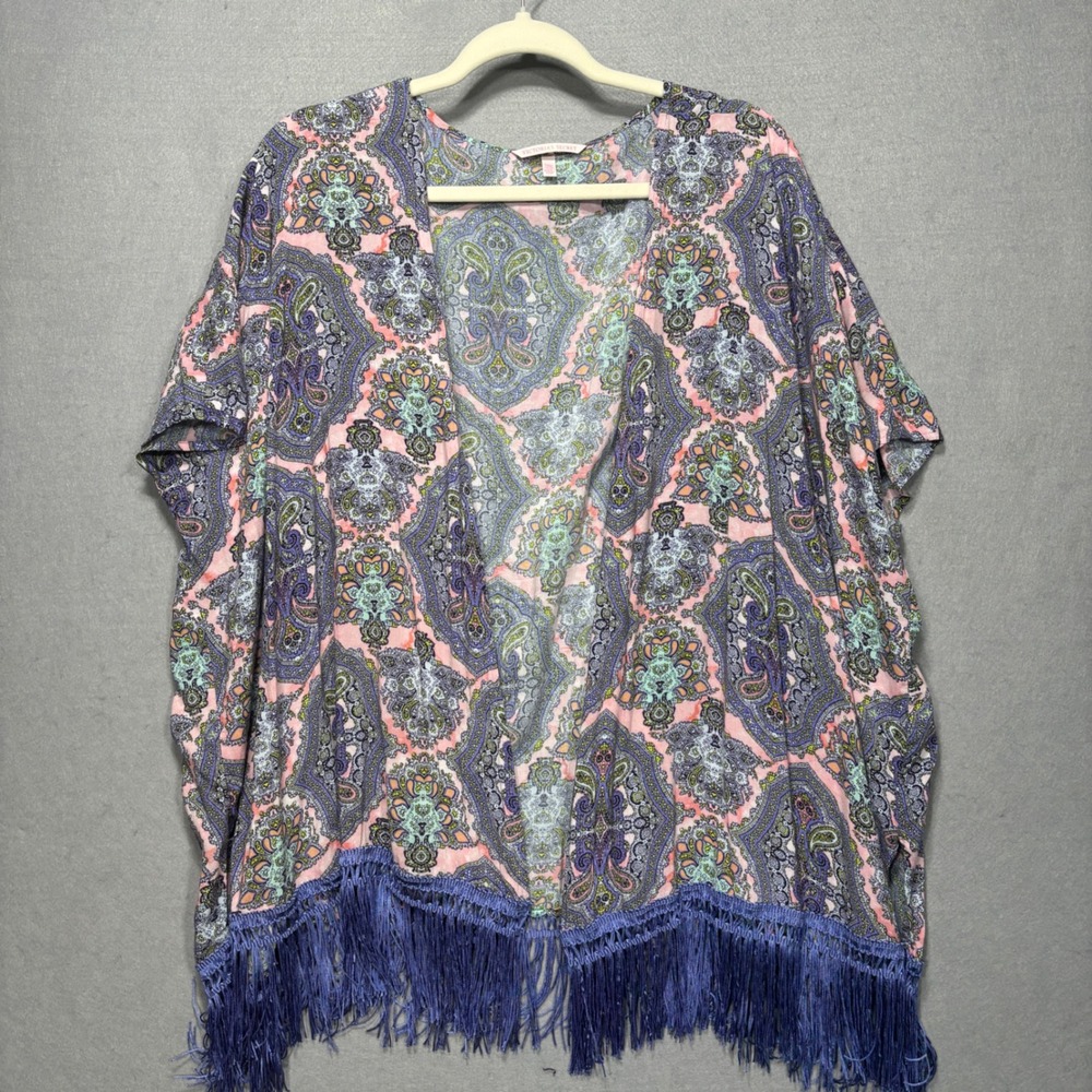Victoria's Secret Paisley Kimono Cardigan Fringe Pink Purple Boho XS S Statement